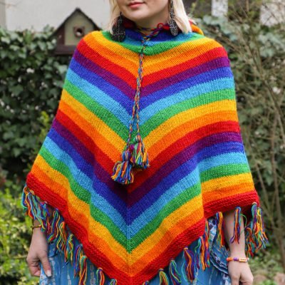 Ponczo z Nepalu z kapturem RAINBOW