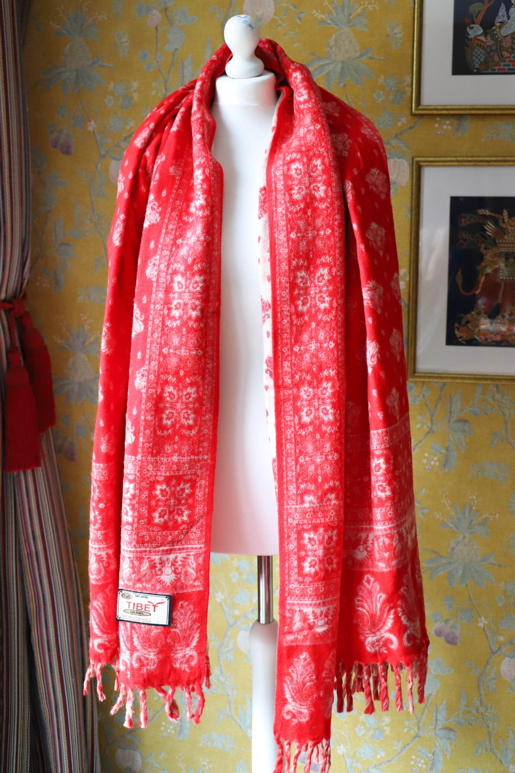 Dwustronny szal tybetański RED & BEIGE - obrazek 3