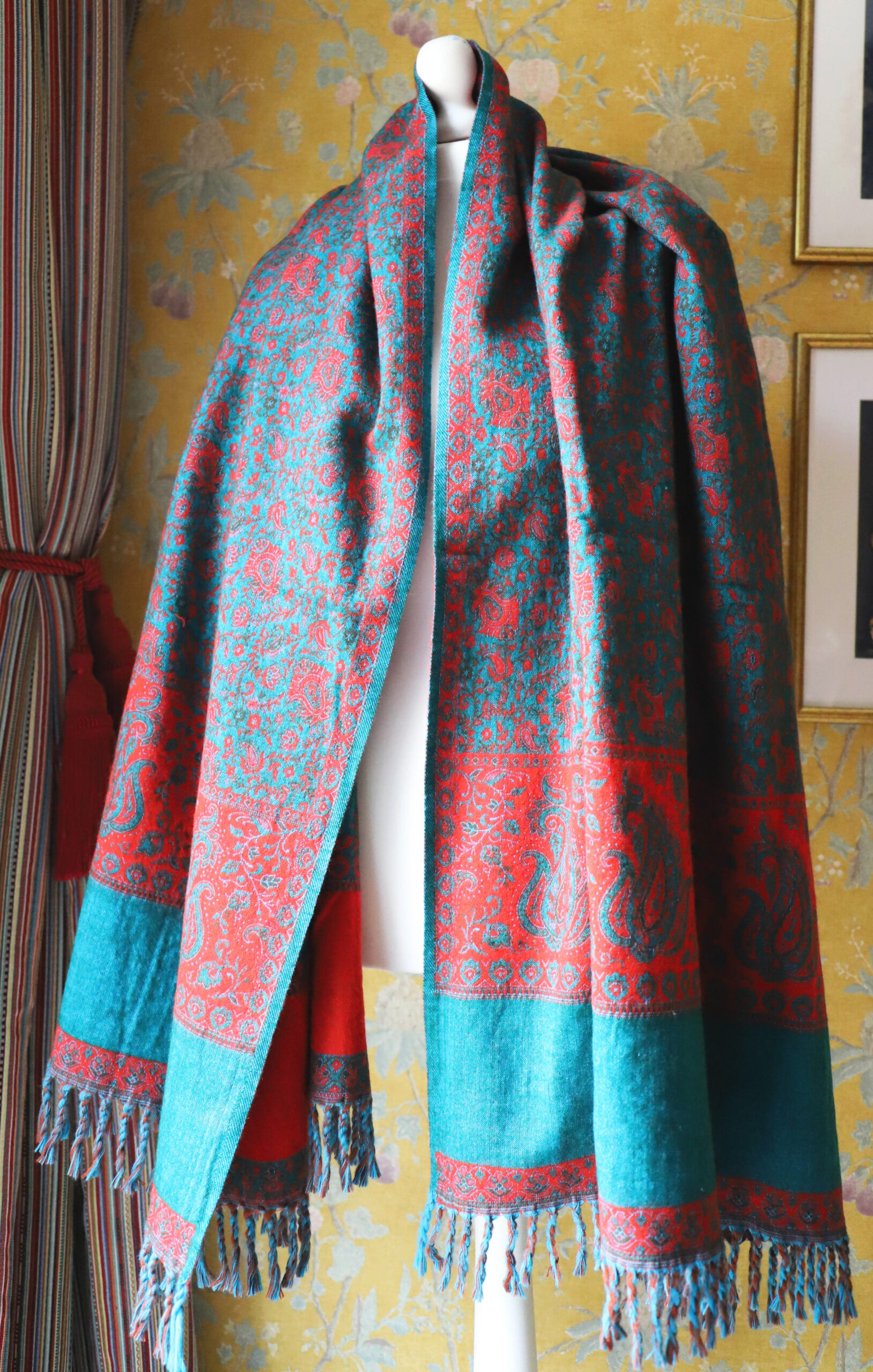 Dwustronny szal tybetański DARK TURQUOISE & RED - obrazek 3