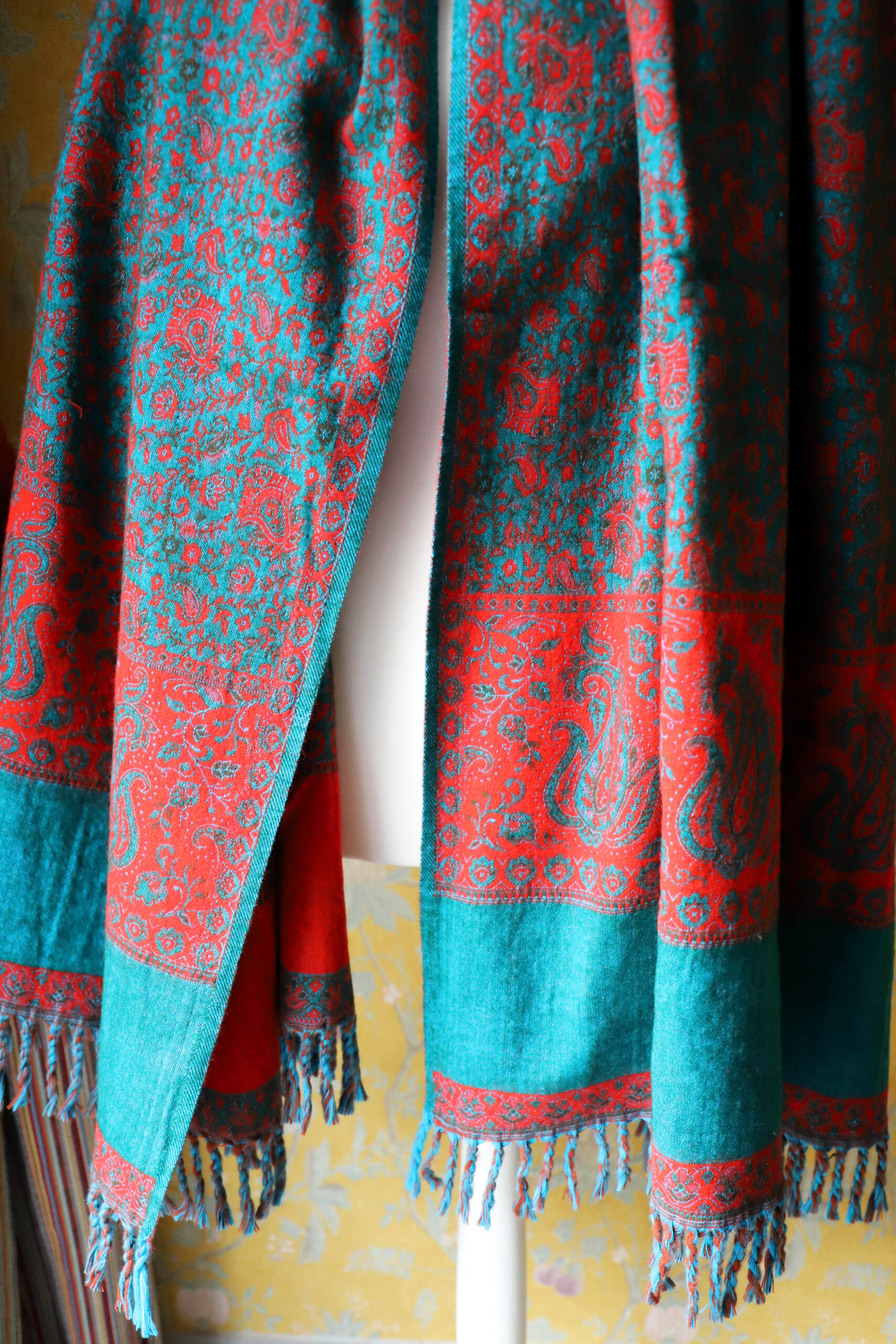 Dwustronny szal tybetański DARK TURQUOISE & RED - obrazek 5