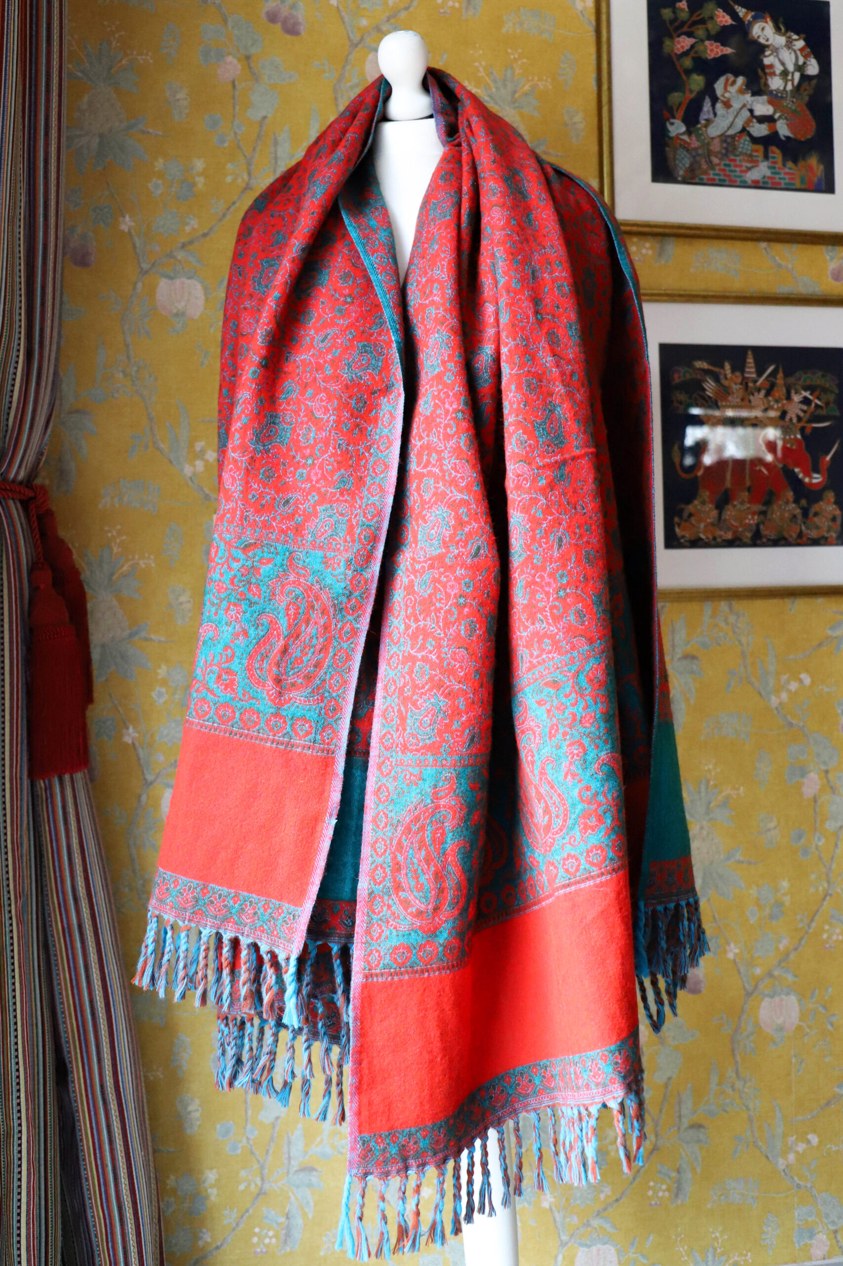 Dwustronny szal tybetański DARK TURQUOISE & RED - obrazek 4