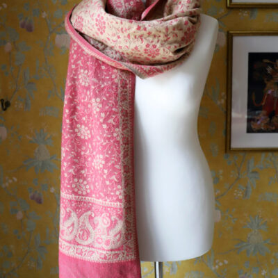Dwustronny szal tybetański PASTEL RASPBERRY & BEIGE