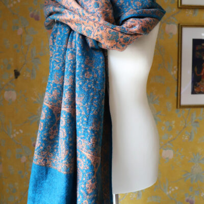 Dwustronny szal tybetański BLUE & LIGHT PEACH