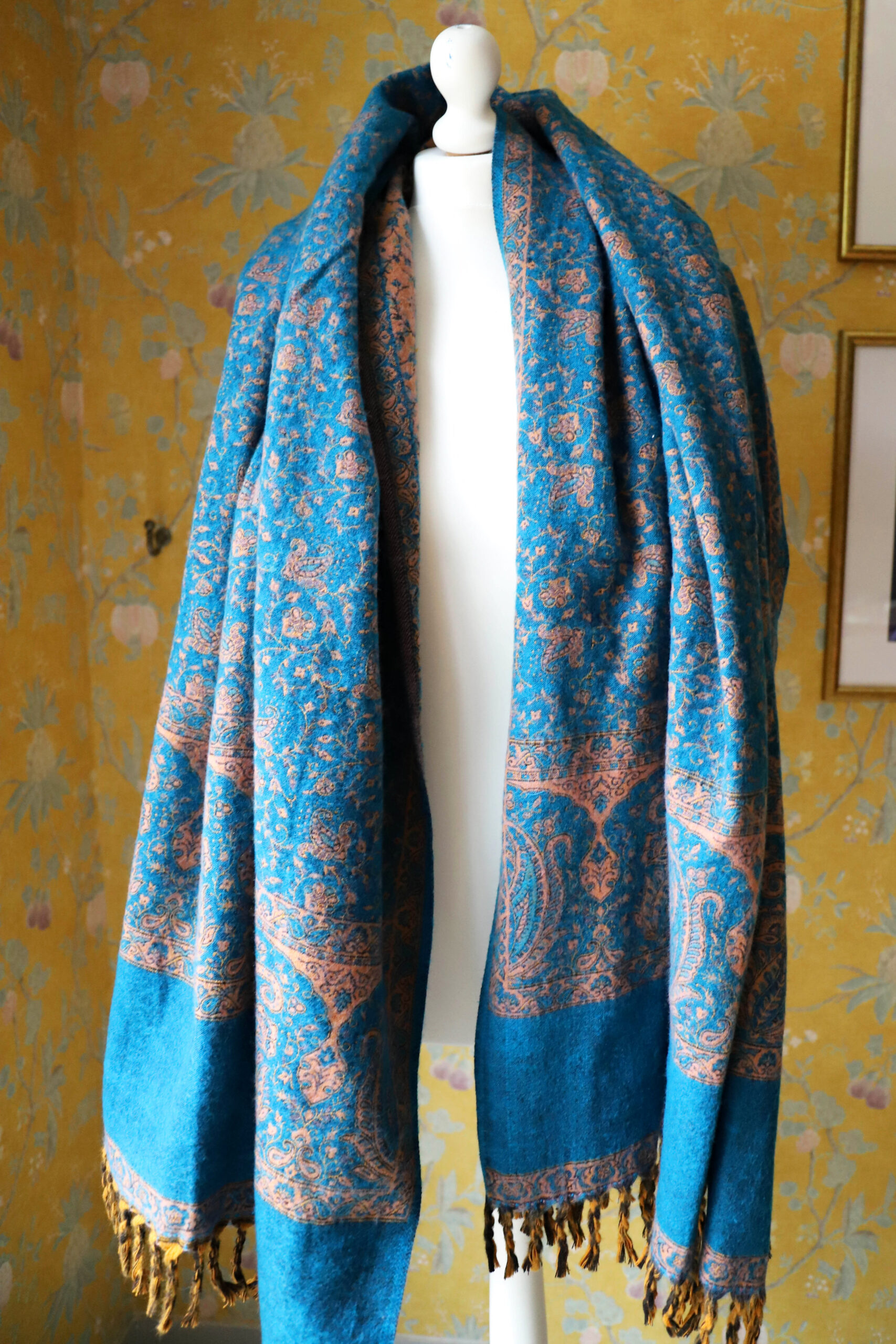 Dwustronny szal tybetański BLUE & LIGHT PEACH - obrazek 3