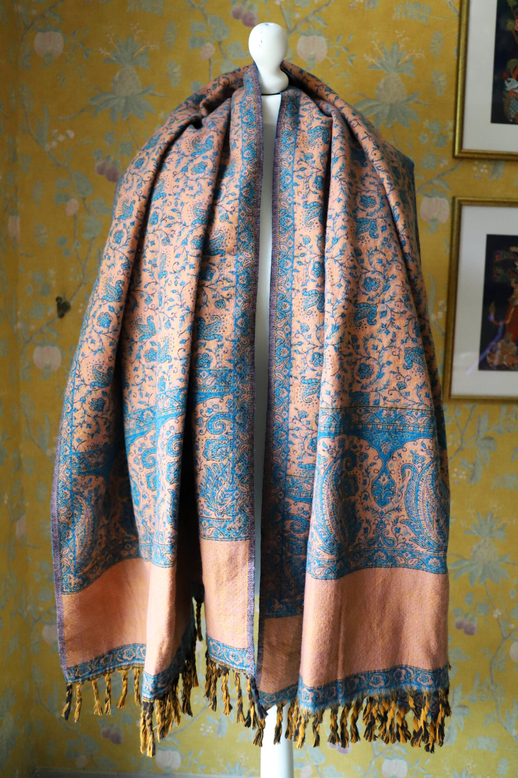 Dwustronny szal tybetański BLUE & LIGHT PEACH - obrazek 4