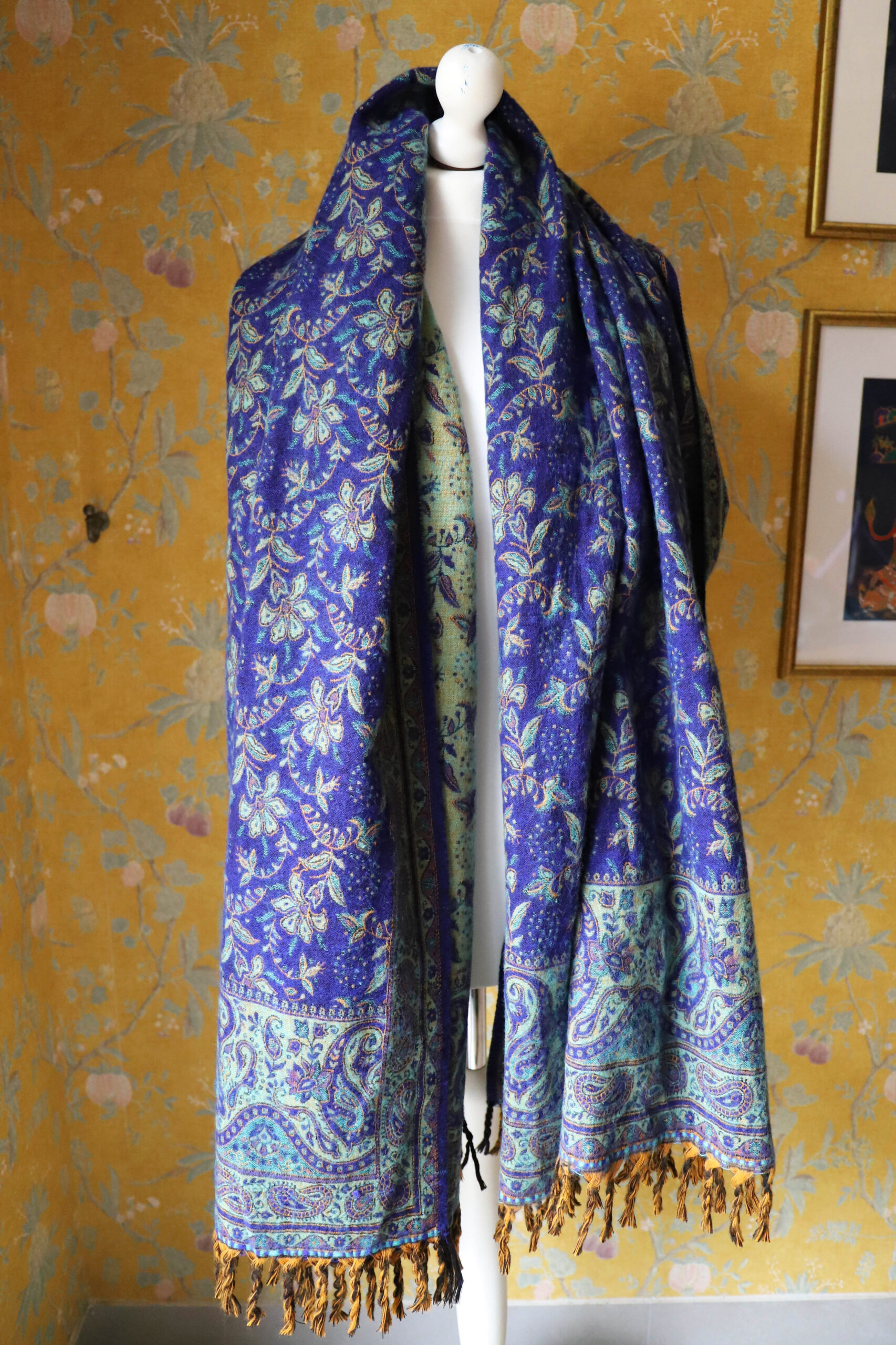 Dwustronny szal tybetański NAVY BLUE & GREEN - obrazek 3