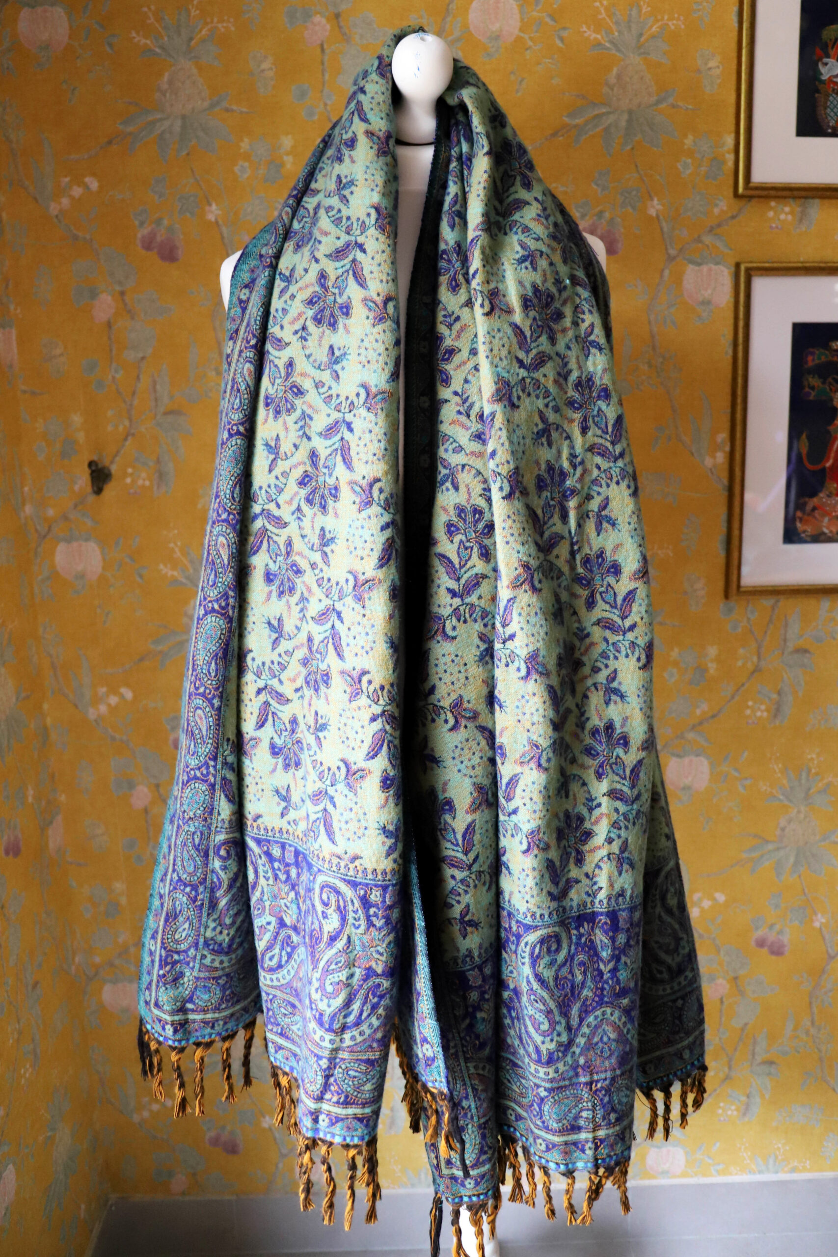 Dwustronny szal tybetański NAVY BLUE & GREEN - obrazek 4