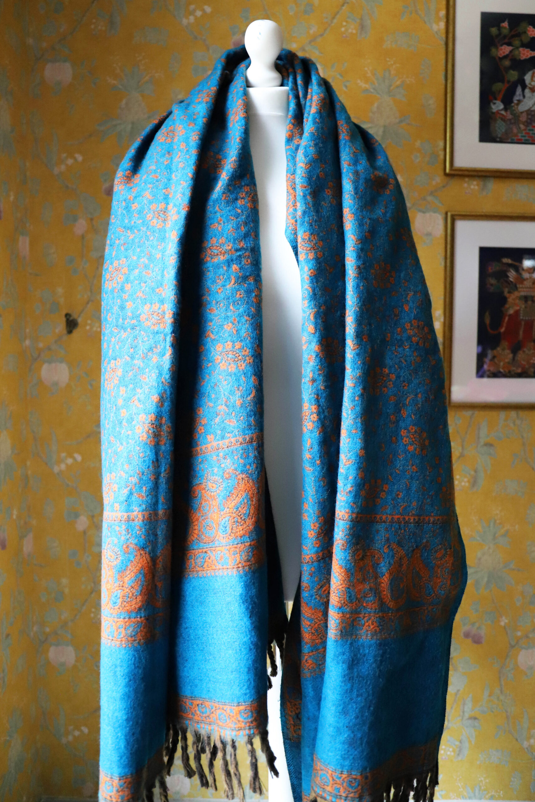 Dwustronny szal tybetański DARK TURQUOISE & ORANGE - obrazek 3