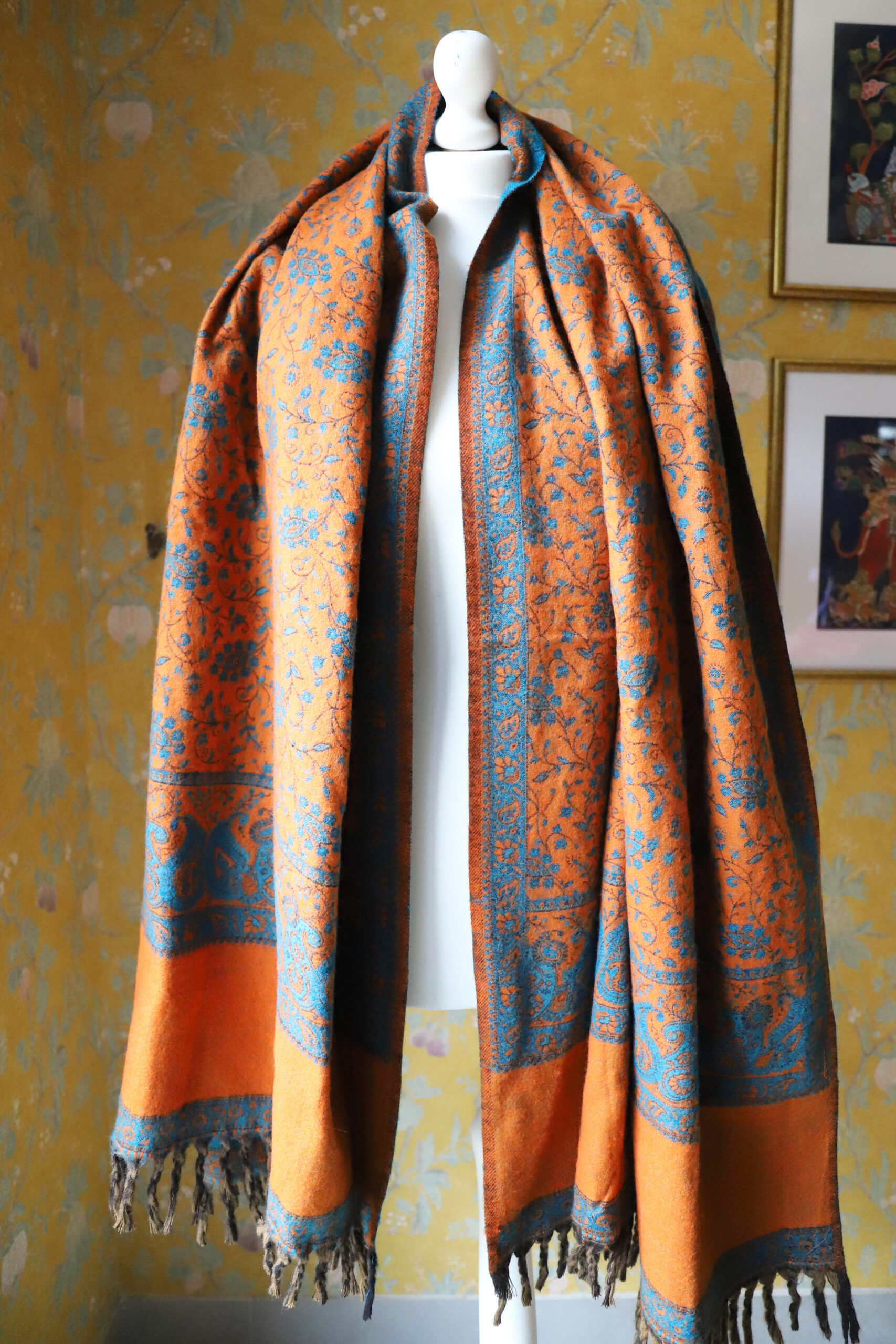 Dwustronny szal tybetański DARK TURQUOISE & ORANGE - obrazek 4