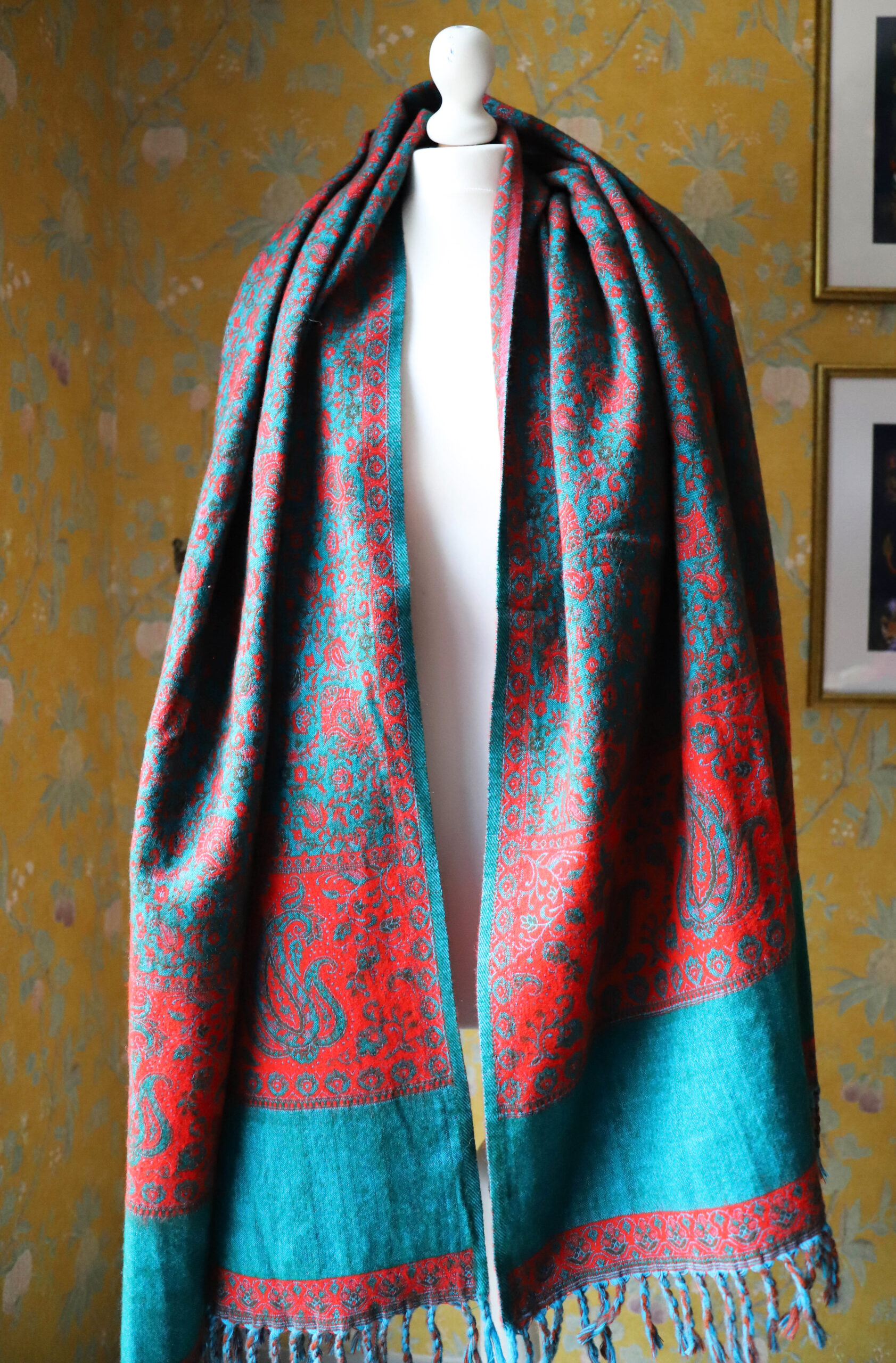 Dwustronny szal tybetański DARK TURQUOISE & RED - obrazek 3