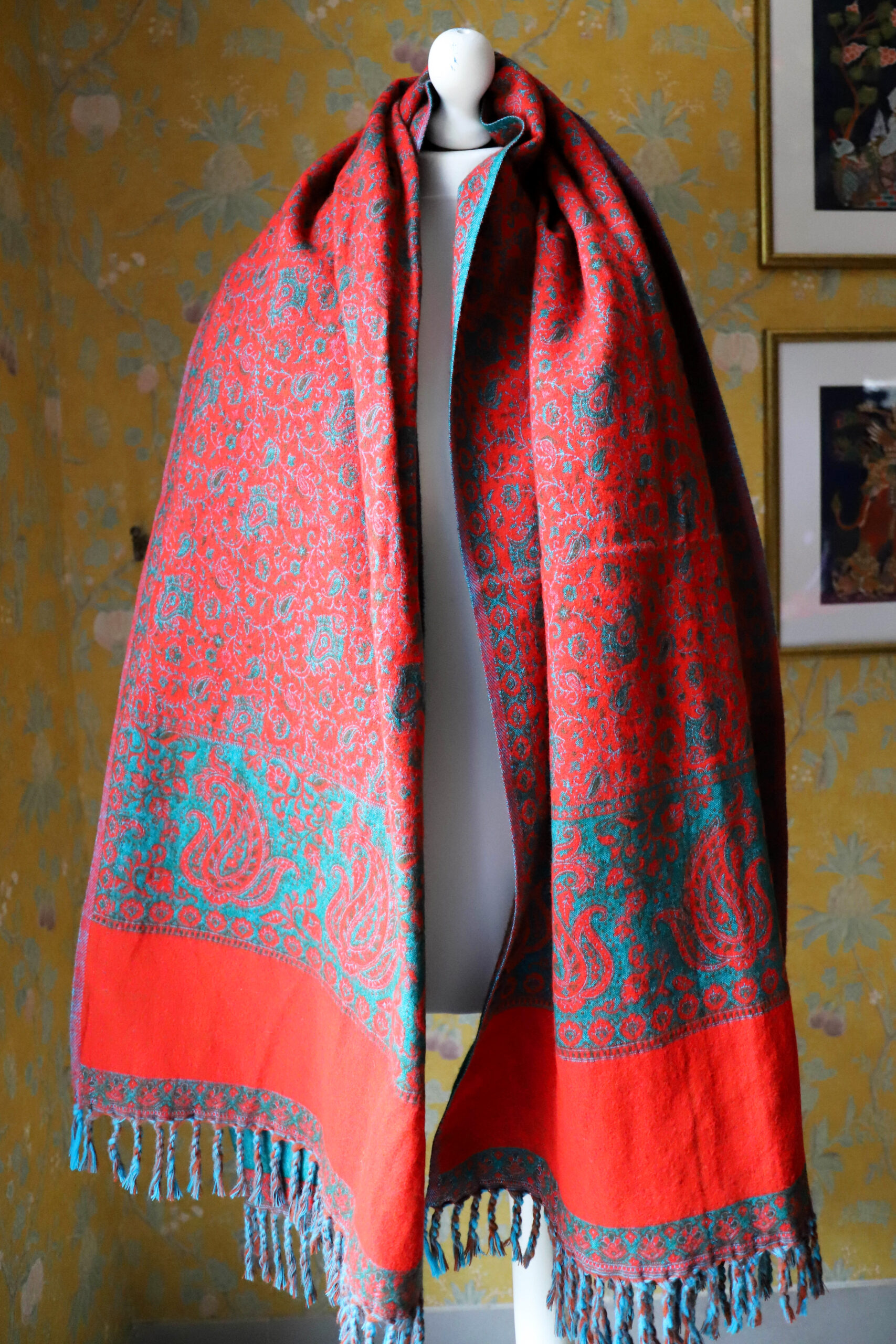 Dwustronny szal tybetański DARK TURQUOISE & RED - obrazek 4